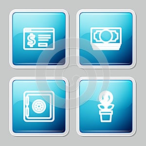 Set line Online banking with dollar, Stacks paper money cash, Safe and Dollar plant icon. Vector