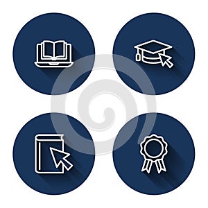 Set line Online class, Graduation cap with cursor, book and education diploma with long shadow. Blue circle button