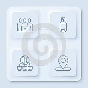 Set line Online class, USB flash drive, Computer network and Location. White square button. Vector