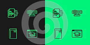 Set line Online education, Book, Exam sheet with A plus grade and Web camera icon. Vector
