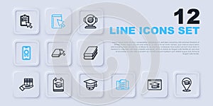 Set line Online education, book, quiz, test, survey, with diploma, and Graduation cap globe icon. Vector