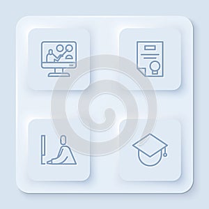 Set line Online education, Certificate template, Student working laptop and Graduation cap globe. White square button