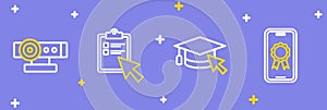 Set line Online education with diploma, Graduation cap cursor, quiz, test, survey and Web camera icon. Vector