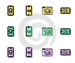 Set line Online education, with diploma, Graduation cap mobile and icon. Vector