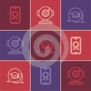 Set line Online education with diploma, Graduation cap speech bubble and Web camera icon. Vector