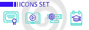 Set line Online education, Web camera, Audio book and Certificate template icon. Vector