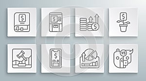 Set line Online internet auction, ATM and money, Mobile with dollar, Stocks market growth graphs, Bull bear of stock