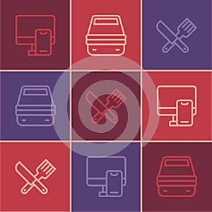 Set line Online ordering food, Crossed knife and fork and Lunch box icon. Vector