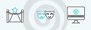 Set line Online play video, Carpet with barriers and star and Comedy tragedy theatrical masks icon. Vector