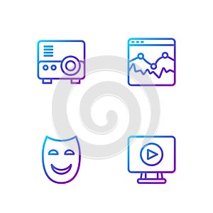 Set line Online play video, Comedy theatrical mask, Media projector and Music wave equalizer. Gradient color icons