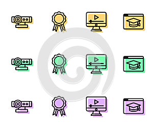 Set line Online play video, Web camera, education with diploma and icon. Vector