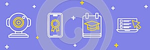 Set line Online quiz, test, survey, education, with diploma and Web camera icon. Vector