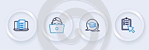 Set line Online quiz, test, survey, Graduation cap speech bubble, Student working laptop and icon. Vector