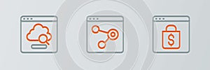 Set line Online shopping on screen, Cloud technology data transfer and Browser window icon. Vector