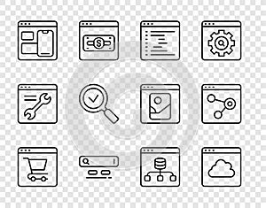 Set line Online shopping on screen, Cloud technology data transfer, Browser window, Search engine, Web developer