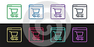 Set line Online shopping on screen icon isolated on black and white background. Concept e-commerce, e-business, online