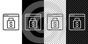 Set line Online shopping on screen icon isolated on black and white, transparent background. Concept e-commerce, e