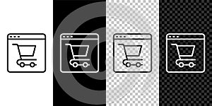 Set line Online shopping on screen icon isolated on black and white, transparent background. Concept e-commerce, e