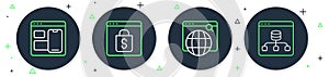Set line Online shopping on screen, Search engine, Web developer programming code and Server, Data icon. Vector