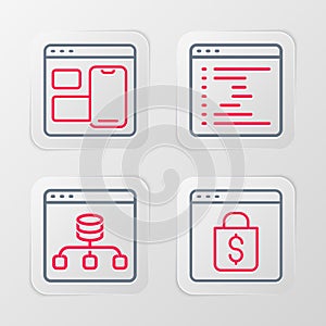 Set line Online shopping on screen, Server, Data, Browser window and Web developer programming code icon. Vector