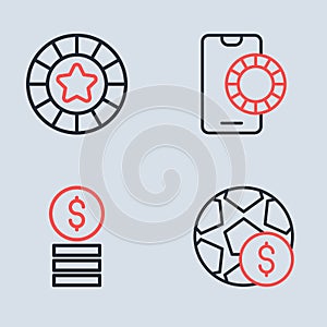 Set line Online sports betting, Casino chip with dollar, Football money and chips icon. Vector