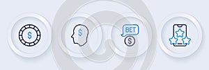 Set line Online sports betting, Casino chip with dollar, Lucky player and icon. Vector