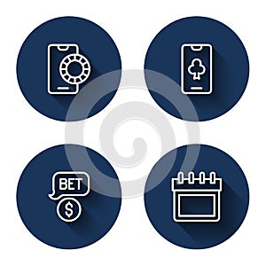 Set line Online sports betting, poker table game, Casino chip with dollar and Calendar with long shadow. Blue circle