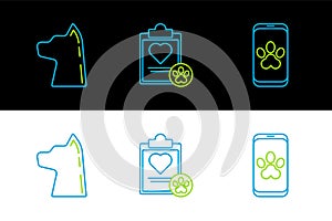 Set line Online veterinary clinic symbol, Cat and Clipboard with medical clinical record pet icon. Vector