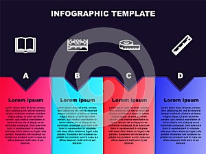 Set line Open book, Measuring height and length, Tape measure and Ruler. Business infographic template. Vector