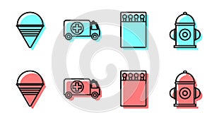 Set line Open matchbox and matches, Fire cone bucket, Ambulance and emergency car and Fire hydrant icon. Vector