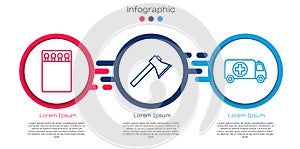 Set line Open matchbox and matches, Firefighter axe and Ambulance and emergency car. Business infographic template