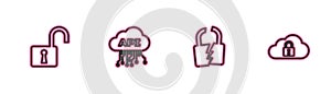 Set line Open padlock, Broken or cracked, Cloud api interface and computing icon. Vector
