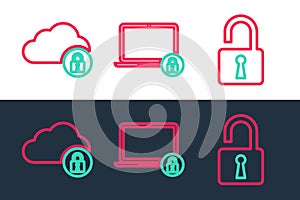 Set line Open padlock, Cloud computing and Laptop and icon. Vector