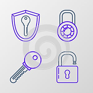 Set line Open padlock, Key, Safe combination wheel and Shield with key icon. Vector