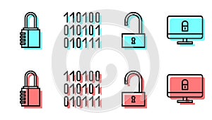 Set line Open padlock, Safe combination lock, Binary code and Lock on computer monitor icon. Vector