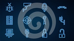 Set line Open padlock, Security camera, Lock and key, Target sport, Server, Data, Web Hosting, System bug concept, Watch