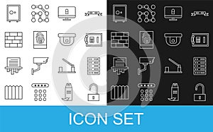 Set line Open padlock, Server, Data, Web Hosting, Safe, Lock on computer monitor, Fingerprint, Bricks, and Motion sensor