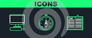 Set line Open science book, Computer monitor with keyboard and mouse and Compass icon. Vector