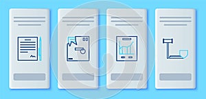 Set line Ordered envelope, Document with graph chart, Contract pen and Judge gavel shield icon. Vector