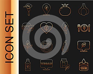 Set line Organic cosmetic, Vegan food diet, Tomato, and Leaf or leaves icon. Vector
