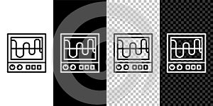 Set line Oscilloscope measurement signal wave icon isolated on black and white background. Vector