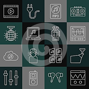 Set line Oscilloscope, Movie spotlight, MP3 file document, Laptop with music note, Disco ball, Online play video and