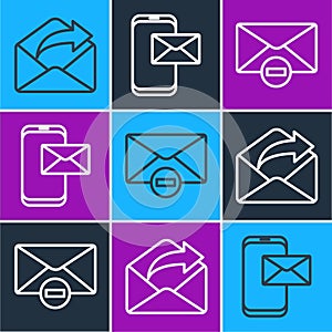 Set line Outgoing mail, Delete envelope and Mobile and envelope icon. Vector