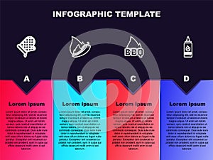 Set line Oven glove, Hot chili pepper pod, Barbecue fire flame and Ketchup bottle. Business infographic template. Vector