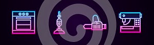 Set line Oven, Vacuum cleaner, Chainsaw and Sewing machine. Glowing neon icon. Vector