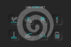 Set line Pack full of seeds, Sunrise, Garden hose, rake, Carrot, Plant in pot, Water tap and Sprout icon. Vector