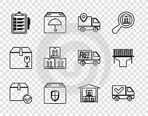 Set line Package box with check mark, Delivery truck, tracking, security shield, Verification of delivery list