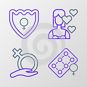 Set line Packaging of birth control pills, Female gender, Love yourself and Gender shield, icon. Vector