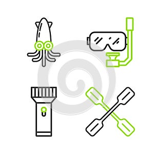 Set line Paddle, Flashlight, Diving mask and snorkel and Octopus icon. Vector