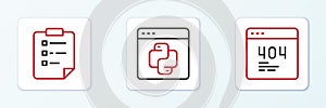 Set line Page with a 404 error, Clipboard checklist and Python programming language icon. Vector